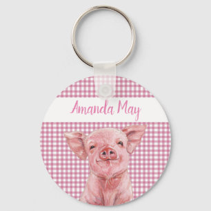 Llavero Acuarela de cerdo rosa Gingham Plaid Monograma