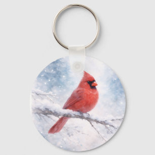 Llavero Acuarela de invierno del cardenal rojo