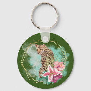 Llavero Acuarela de leopardo y marco tropical