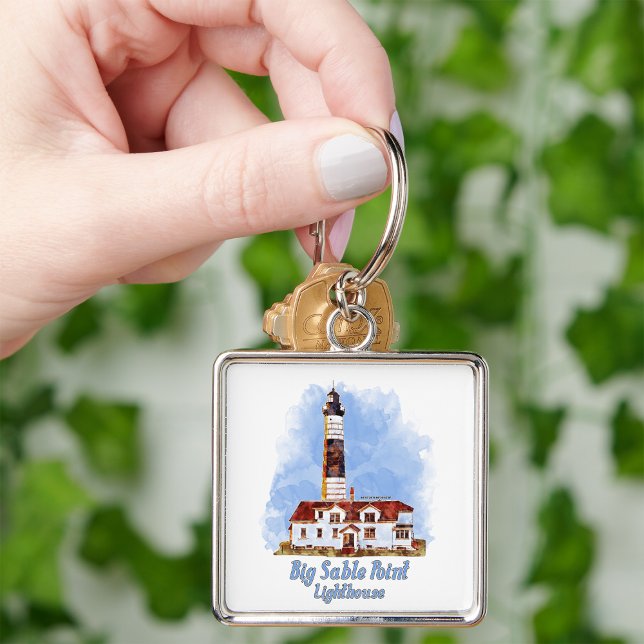 Llavero acuarela del faro del punto de la gran sabilidad - (Big Sable Point Lighthouse Watercolor - Michigan. Keychain)