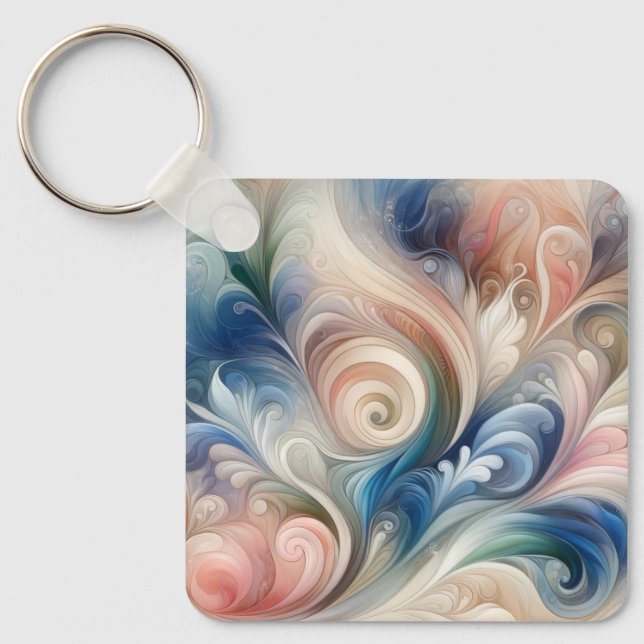 Llavero Acuarela Fantasía Pastel Floral Azul & Crema (Anverso)