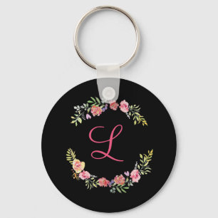 Llavero Acuarela floral de rosa, amarillo y verde con mono