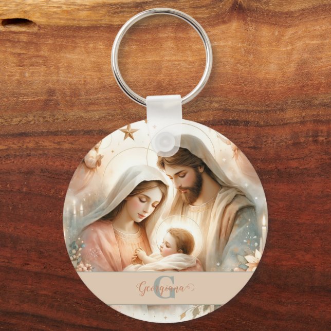 Llavero Acuarela Floral Personalizada Bebé Jesús Natividad (Anverso)