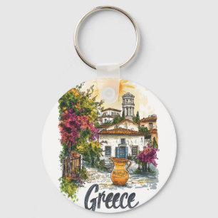 Llavero Acuarela Grecia: Escena de aldea con flores