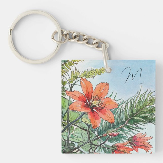 Llavero Acuarela ilustrada Naranja botánico floral (Frente)