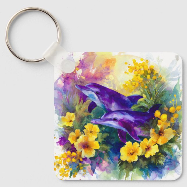 Llavero Acuarela Océano Delfines Flores Tropicales (Anverso)