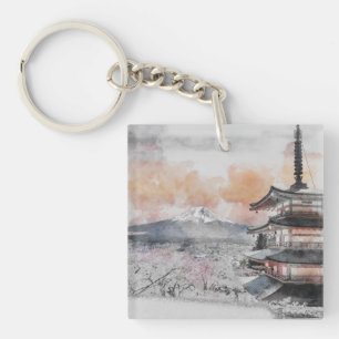 Llavero Acuarela Pagoda Japonesa y Viaje a Mt. Fuji