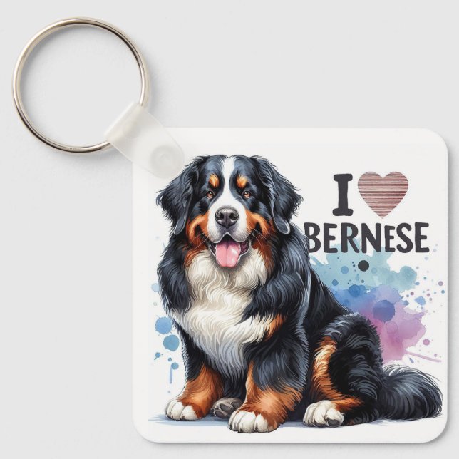 Llavero Acuarela Que Amo Mi Perro De Montaña Bernés (Anverso)