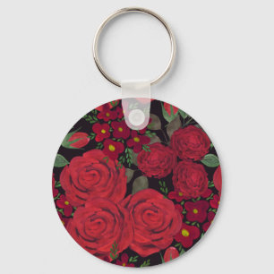 Llavero Acuarela, rosas rojas, negro, rosa, patrón floral