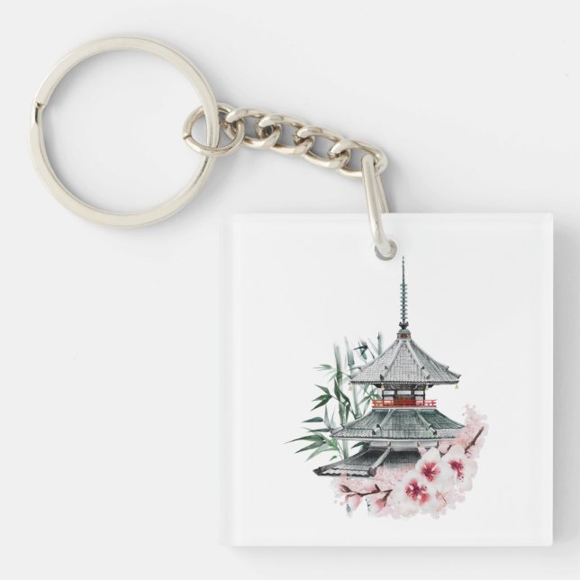 Llavero Acuarela Sakura Blossom Templo Japonés de Bambú (Frente)