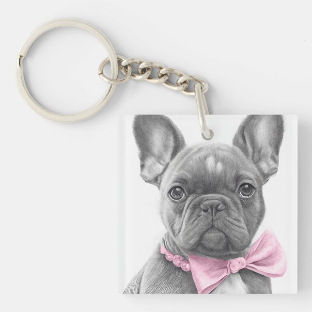 Llavero Adorable cachorro de bulldog francés con arco rosa (Frente)