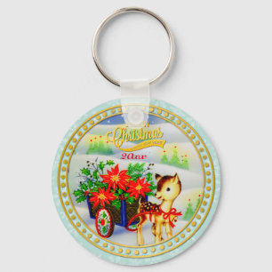 Llavero Adorable Carro de Flores y Reno de Navidad Vintage