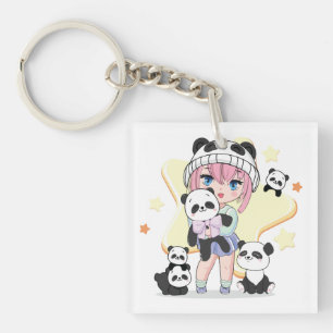 Llavero Adorable Chica anime rodeado de juguetes Panda