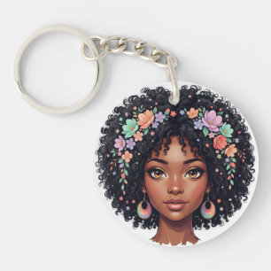 Llavero Adorable Chica Negra con Corona de Flores Afro