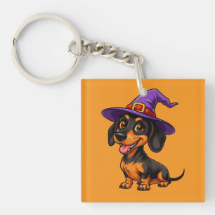Llavero Adorable Dachshund con Sombrero de Mago Morado