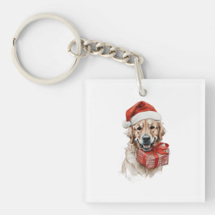 Llavero Adorable Golden Retriever en Santa Hat con regalo