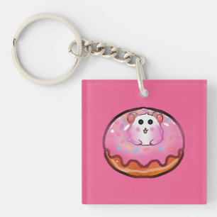 Llavero Adorable hámster Kawaii en arte de donut rosa glas