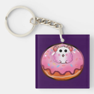 Llavero Adorable hámster Kawaii en arte de donut rosa glas