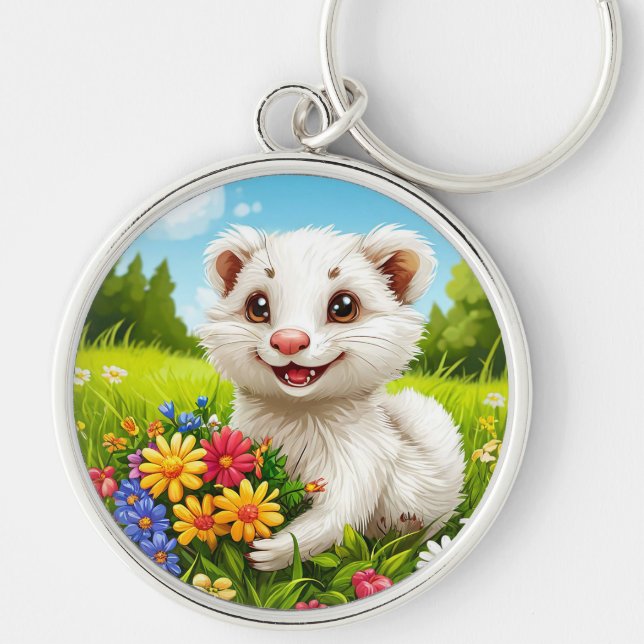 Llavero Adorable hurón blanco de dibujos animados (Frente)