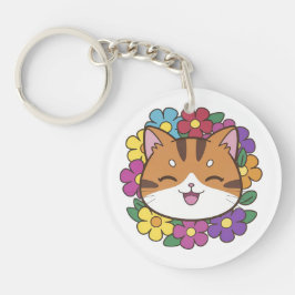 Llavero Adorable Kawaii Cat Heads Smiling with Floral Back
