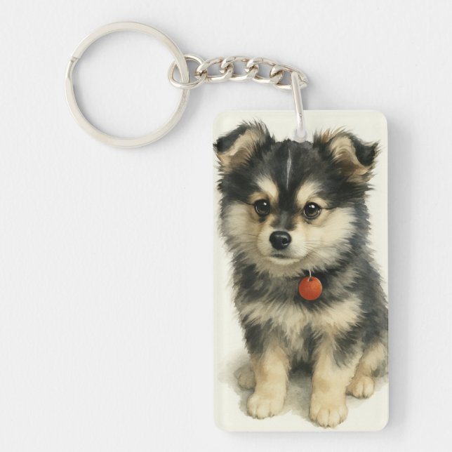 Llavero Adorable Watercolor Pomchi Puppy Portrait  (Frente)