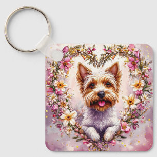 Llavero Adorable Yorkie rodeado de corona floral