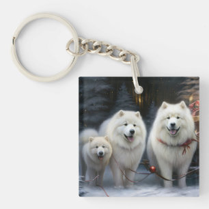 Llavero Adorno de Navidad de Trineo Nevado Samoyedo