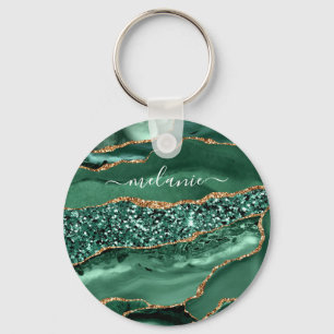 Llavero Agate Green Gold Purpurina Geode Marble Custom Nam