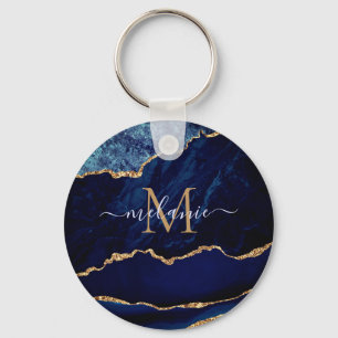 Llavero Agate Navy Blue Gold Monograma Nombre Keychain