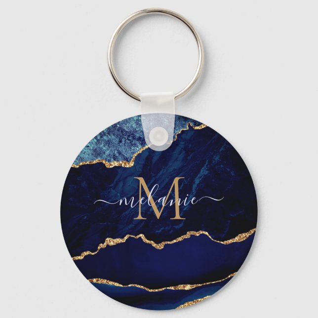 Llavero Agate Navy Blue Gold Monograma Nombre Keychain (Anverso)