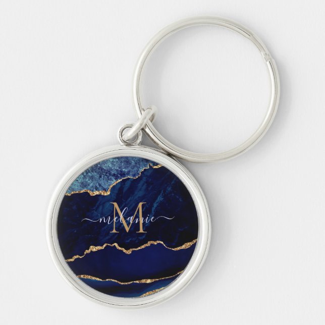 Llavero Agate Navy Blue Gold Monograma Nombre Keychain (Frente)
