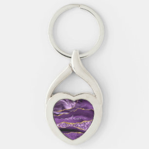 Llavero Agate Purple Gold Custom Name Keychain