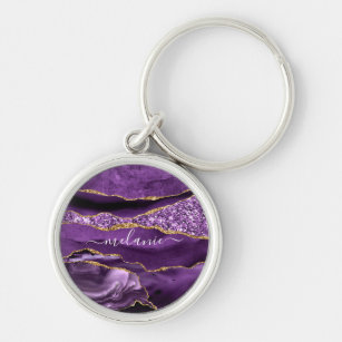 Llavero Agate Purple Gold Purpurina Custom Name Keychain
