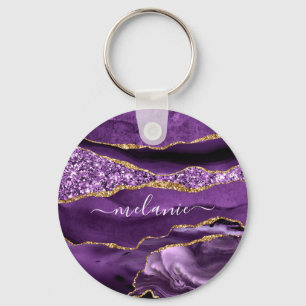 Llavero Agate Purple Gold Purpurina Custom Name Keychain