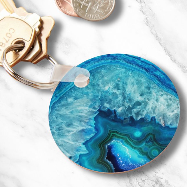 Llavero Agato moderno de mármol azul (Cute Trendy Blue Turquoise Crystal Agate Geode Keychain)