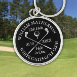 Llavero Agujero de golf personalizado en un blanco y negro<br><div class="desc">Personalice el nombre,  el número de taladro de la ubicación y la fecha para crear un gran keepsake para celebrar ese fantástico agujero en uno. Diseñado por Thisisnotme©</div>