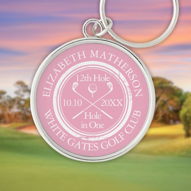 Llavero Agujero de golf personalizado en un rosa femenino (Golf Hole in One Feminine Pink Personalized Keychain)