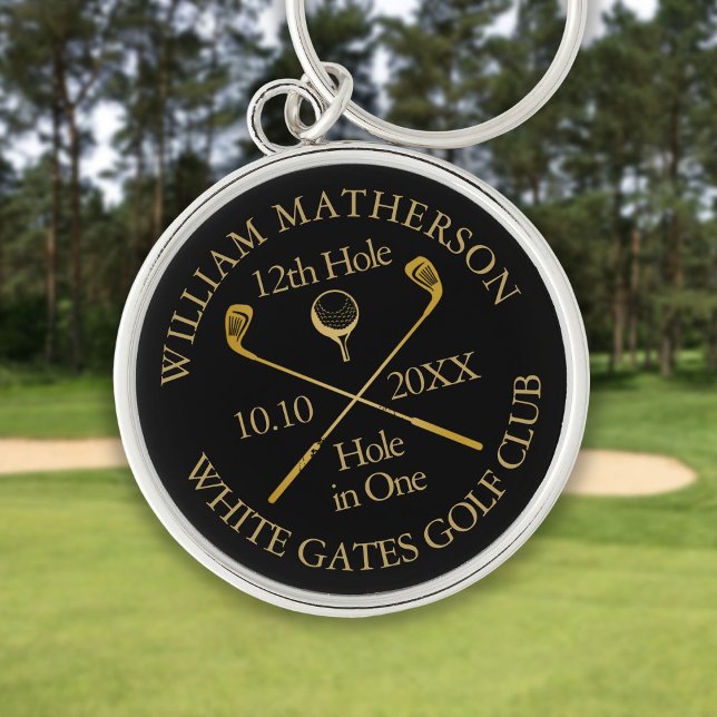 Llavero Agujero de golf personalizado en un solo negro y o (Personalized Golf Hole in One Black And Gold Keychain)
