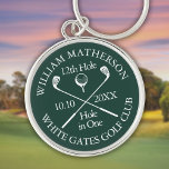 Llavero Agujero de golf personalizado en un verde esmerald<br><div class="desc">Personalice el nombre,  el número de taladro de la ubicación y la fecha para crear un gran keepsake para celebrar ese fantástico agujero en uno. Diseñado por Thisisnotme©</div>