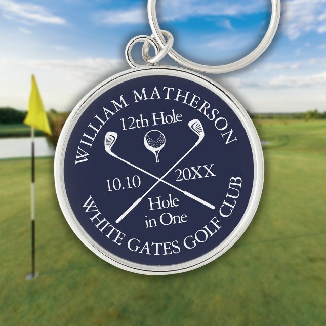 Llavero Agujero en Uno de Golf Personalizado Azul Marino (Personalized Golf Hole in One Navy Blue Keychain)