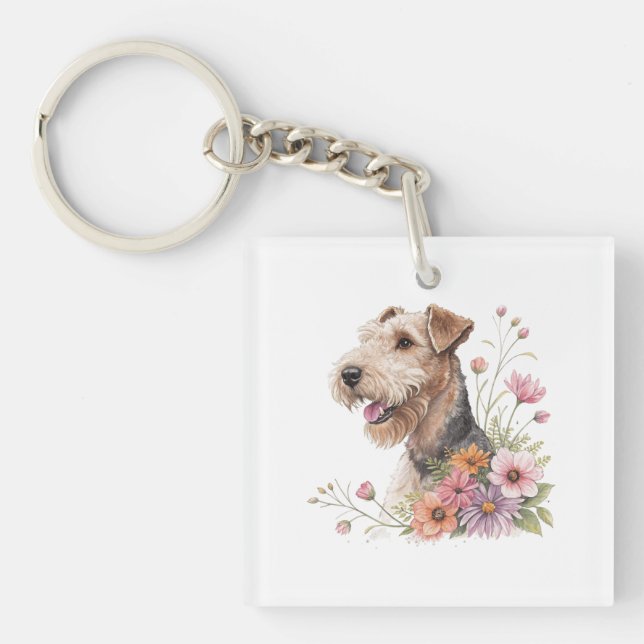 Llavero Airedale Terrier con flores (Frente)