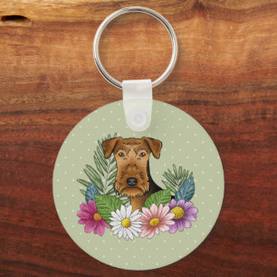 Llavero Airedale Terrier con flores coloridas y nombre