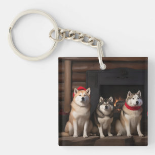 Llavero Akita junto a la chimenea Navidad