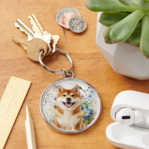 Llavero Akita Shiba Inu Perro con Flores Acuarela Azules