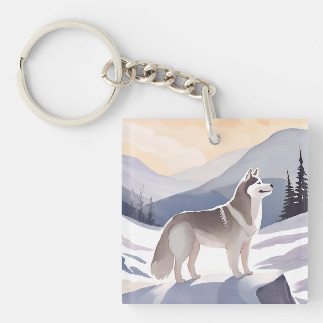 Llavero Alaskan Husky | Dog Mountain Watercolor (Frente)