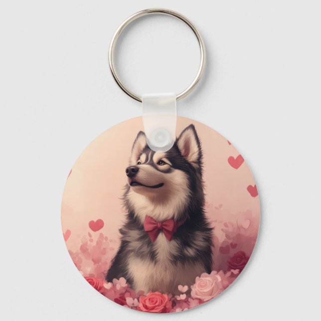 Llavero Alaskan Malamute con Rosas - El día de San Valentí (Anverso)