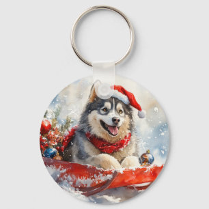 Llavero Alaskan Malamute en Trineo Deja que Nieve Navidad