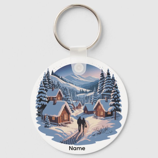Llavero Aldea de invierno de Navidad retro personalizada d (Anverso)