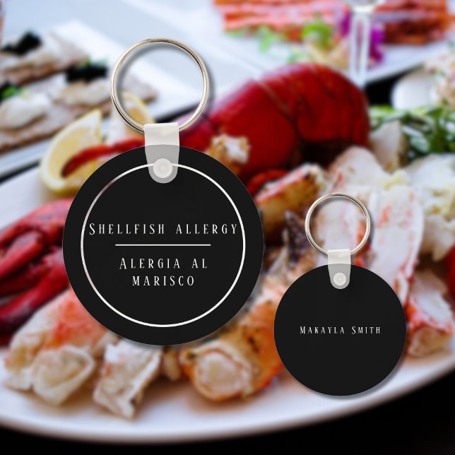 Llavero Alergia bilingüe negra y blanca a la concha (Bilingual Shellfish allergy warning keychain, custom text, Spanish. Multilingual Project)