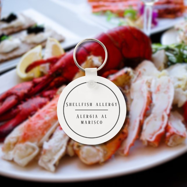 Llavero Alergia bilingüe negra y blanca a la concha (Bilingual Shellfish allergy warning keychain, customizable name & text. multilingual project)